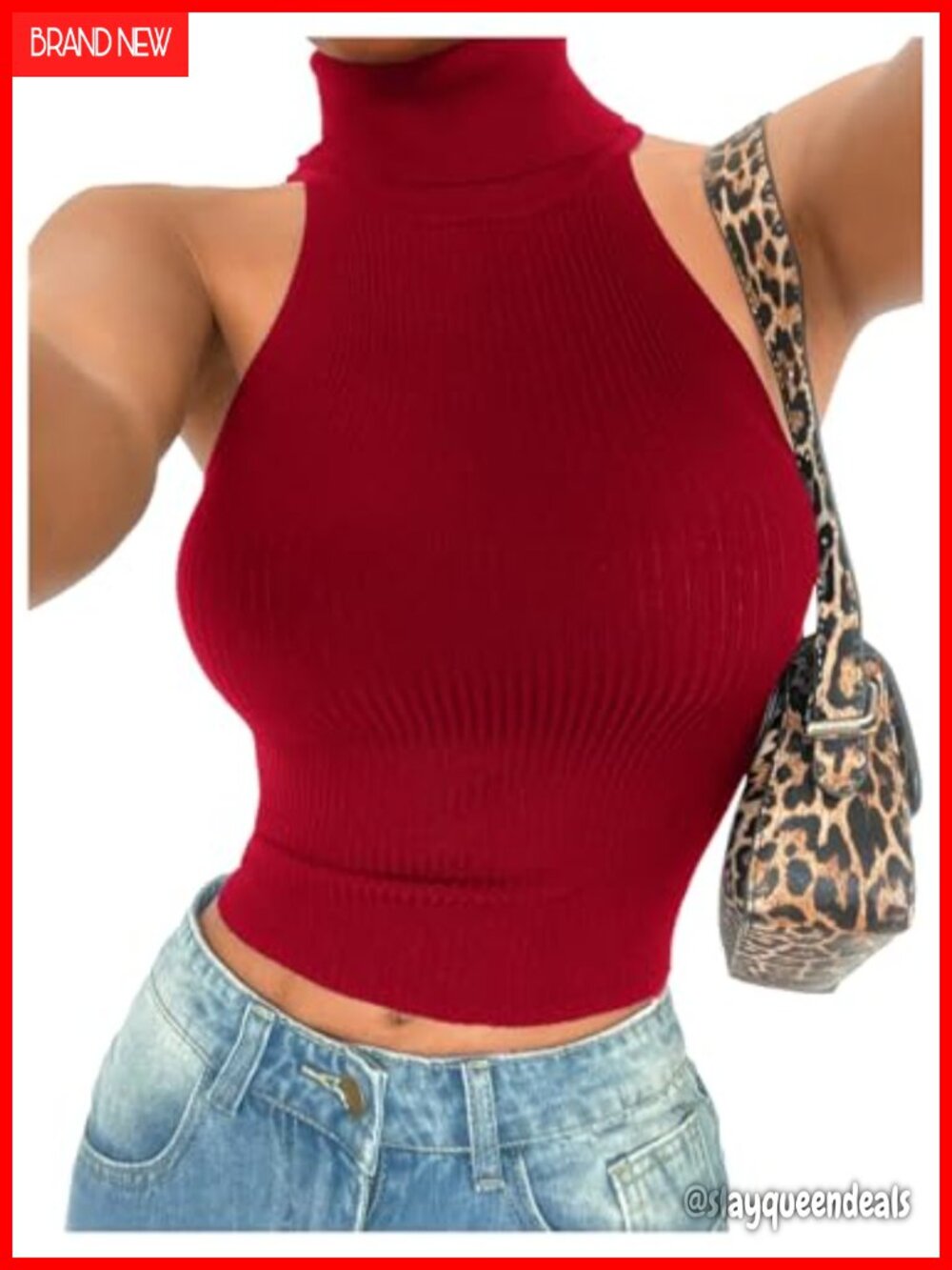 Sleeveless Turtle Neck Crop Top Mock Neck Knit Women's